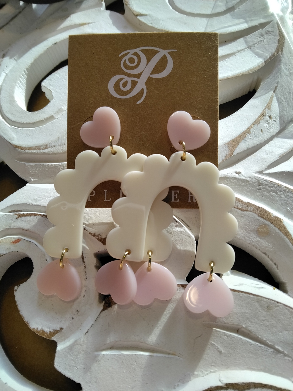Pink & Cream Heart Dangle Statement Earrings